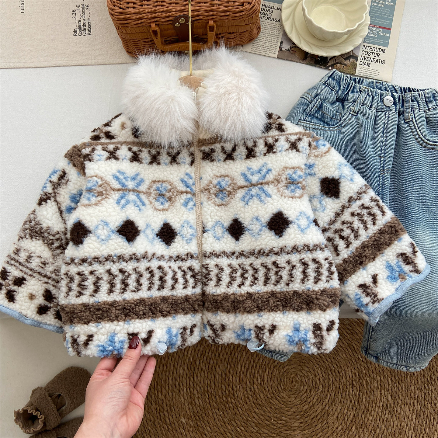 女童冬装2025新款洋气时髦宝宝冬季毛领加厚加绒仿皮草羊羔绒外套