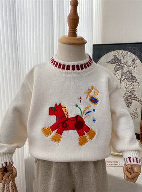 女童毛衣2025新款冬季白色针织衫宝宝洋气圆领小马上衣保暖内搭潮