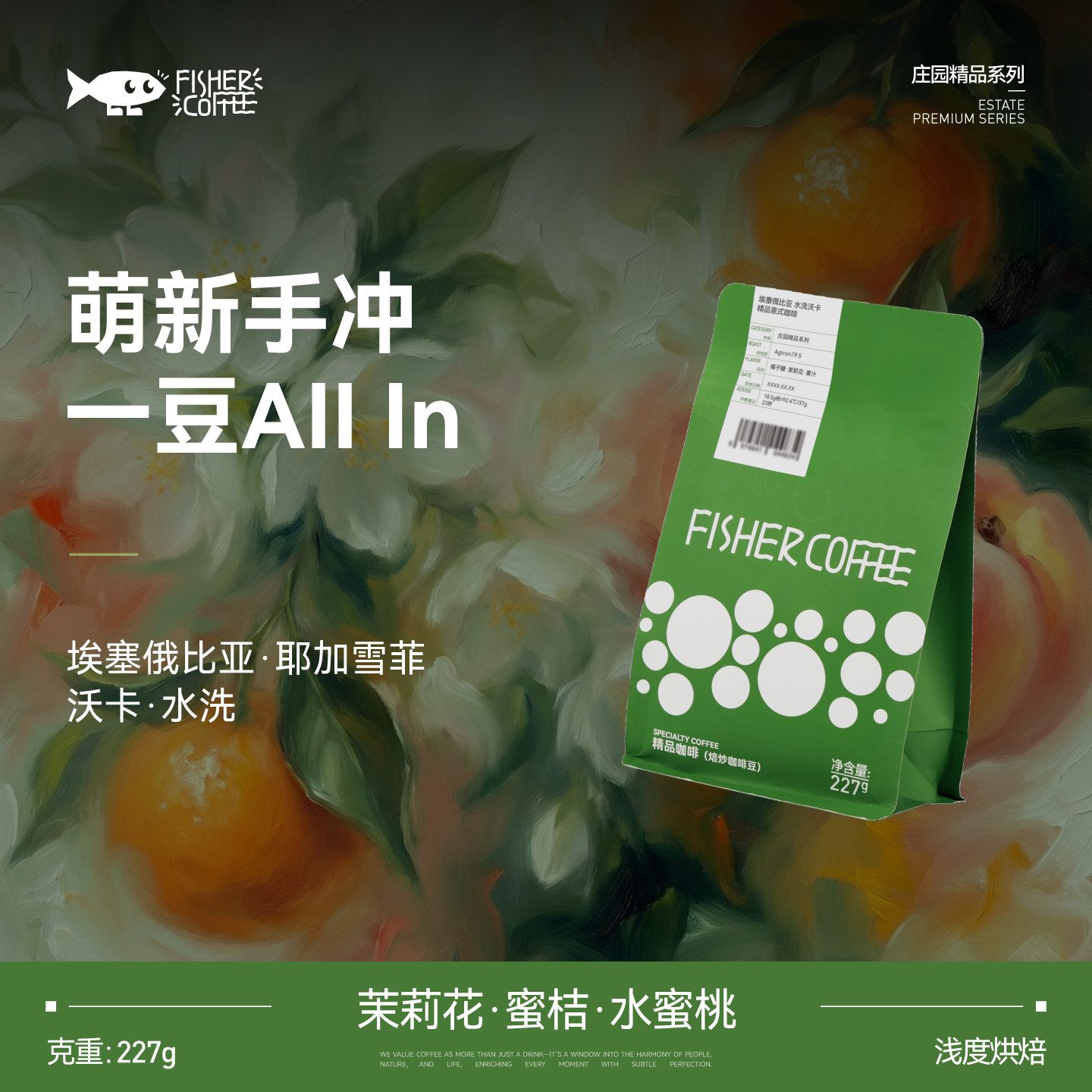 2026新产季fisher埃塞耶加雪菲沃卡水洗精品手冲咖啡豆浅烘227g