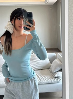 超薄性感大U领长袖T恤欧美辣妹风纯色露锁骨显身材打底叠穿上衣