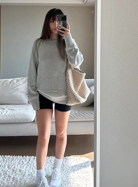 经典款欧美辣妹风圆领套头毛衣休闲舒适简约纯色针织打底衫上衣