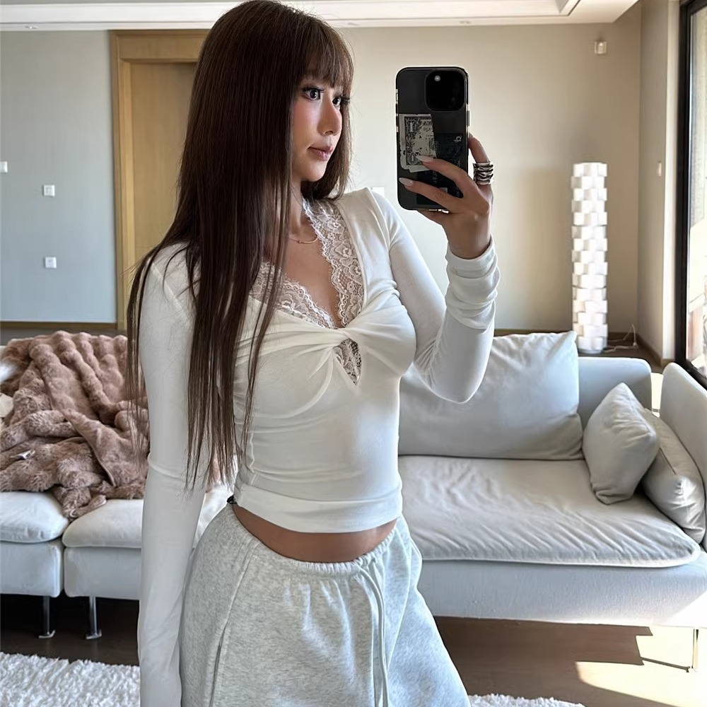 长袖欧美风蕾丝拼接女百搭