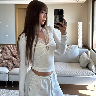 基础款高腰性感蕾丝拼接深v领胸口拧结长袖打底上衣显瘦T恤
