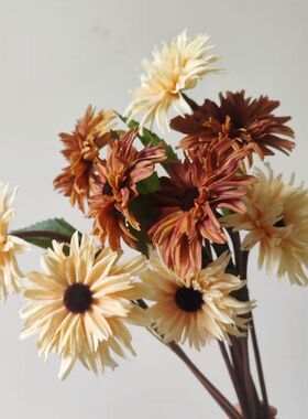 油画向日葵PU仿真花装饰插花 美式小菊花家居花艺摄影道具单支花
