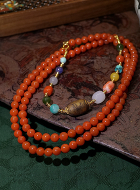 18K金南红新中式长款毛衣链天然多宝国风手链一款多戴可拆卸项链