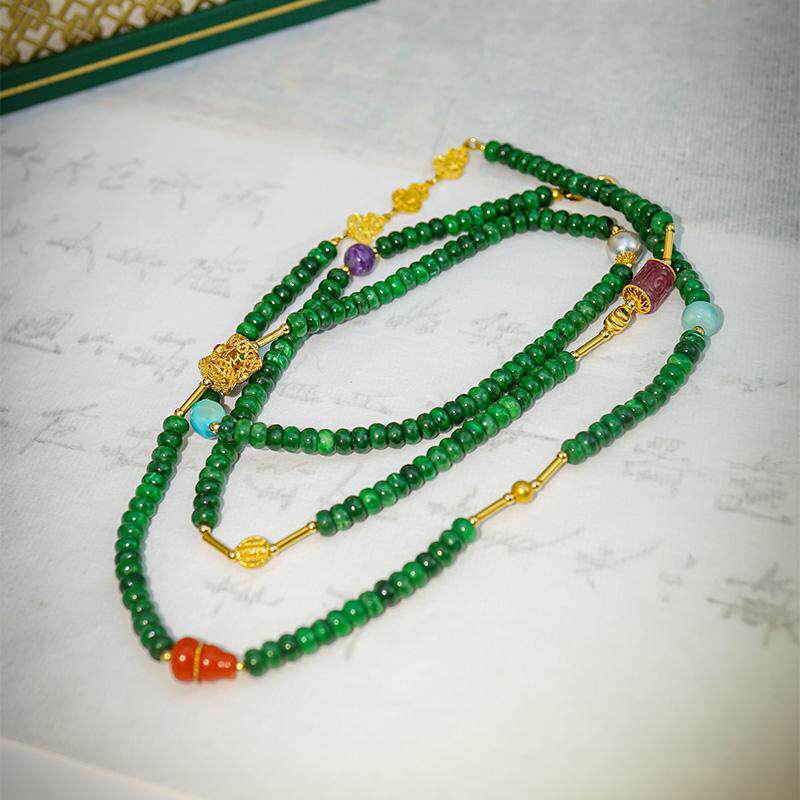 18K金天然翡翠算盘珠长链点缀南红绿松碧玺珍珠紫龙晶彩宝项链女