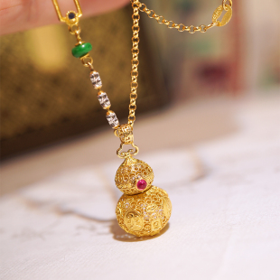 18K古法金花丝嘎乌盒葫芦项链搭配翡翠套链葫芦可放香料