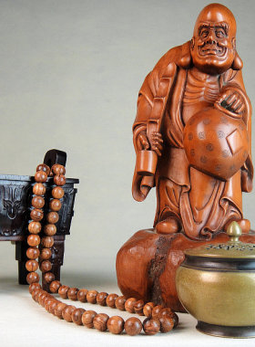 黄杨木收藏品古色少林寺罗汉佛像木雕件 玻璃包浆酒坛和尚工艺品