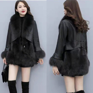 中长款 时尚 修身 新款 仿狐狸毛PU皮拼接保暖皮毛外套 皮草女2021冬季