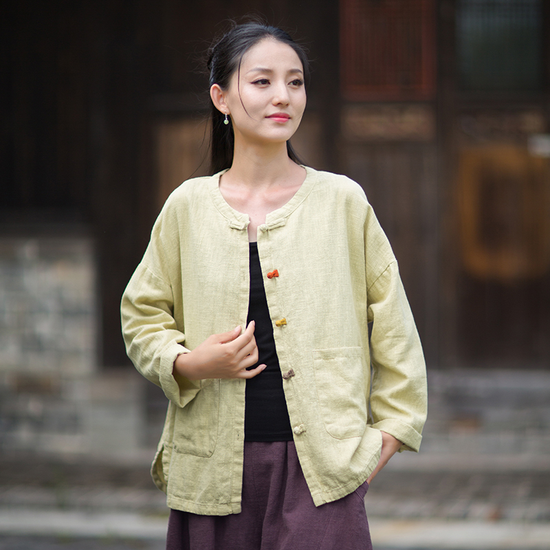 时尚复古太极服女棉麻上衣 彩色盘扣太极拳练功服晨练服武术服