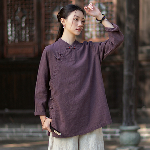 复古斜襟太极服女棉麻上衣 时尚太极拳练功服晨练服武术服外套