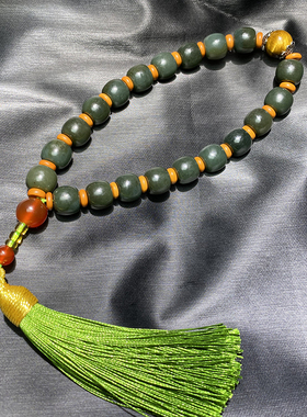 一乔珠宝 新疆和田玉青玉1*0.8CM老形珠隔黄虎晶珠佛珠手串念珠