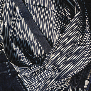 色织蓝白条纹衬衫 Shirt 全棉藏青色复古廓形 Pocket CITYDIVE