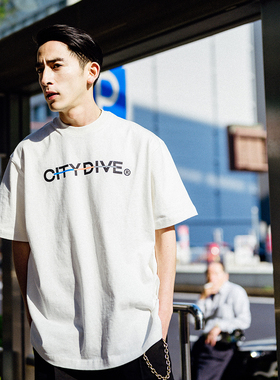 CITYDIVE 重磅小领口复古logo印花廓形宽松tee男女短袖