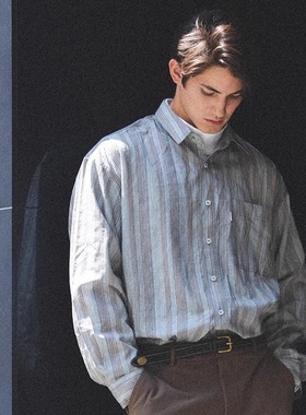 CITYDIVE Vintage质感 双色全棉提花复古廓形条纹衬衫