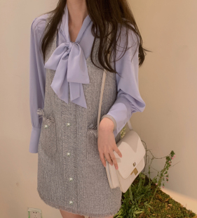 丸子时装定制2022春雾霾蓝蝴蝶结衬衫小香亮片连衣裙假两件套现货