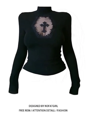 直销暗黑系美式十字架镂空上衣女春秋修身高领内搭打底衫T恤