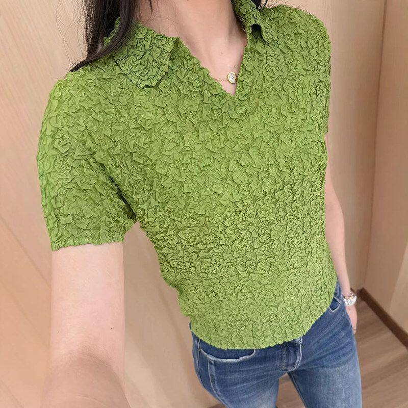 P上衣女短袖2026感修身亮片夏季显瘦褶皱肌理T恤风三宅新款 OLO衫