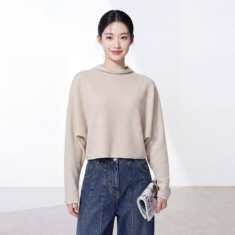T恤上衣蝙蝠长袖女秋单风纯色百搭穿堆堆领宽松三宅短款长袖温柔