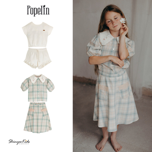 Shinyee▲popelin ss23儿童刺绣翻领格纹衬衫半裙白衬衫短裤