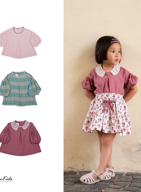 Shinyee▲frou frou 春夏儿童绿格纹短袖衬衫女童泡泡袖衬衣