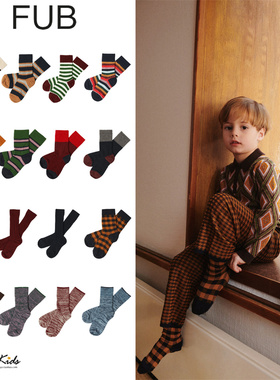 7ZShinyee▲FUB aw25秋冬儿童条纹袜子菱格纯色羊毛短袜中筒袜