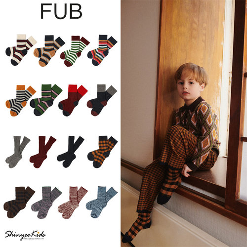 5ZShinyee▲FUB aw25秋冬儿童条纹袜子菱格纯色羊毛短袜中筒袜