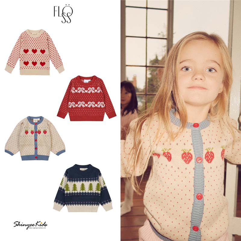 Shinyee▲floess aw24儿童秋冬圆领针织衫爱心草莓提花毛衣开衫