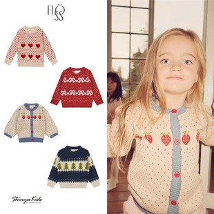 爱心草莓提花毛衣开衫 aw24儿童秋冬圆领针织衫 floess Shinyee
