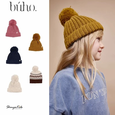 6ZShinyee▲buho aw25秋冬儿童护耳纯色条纹针织毛球帽子