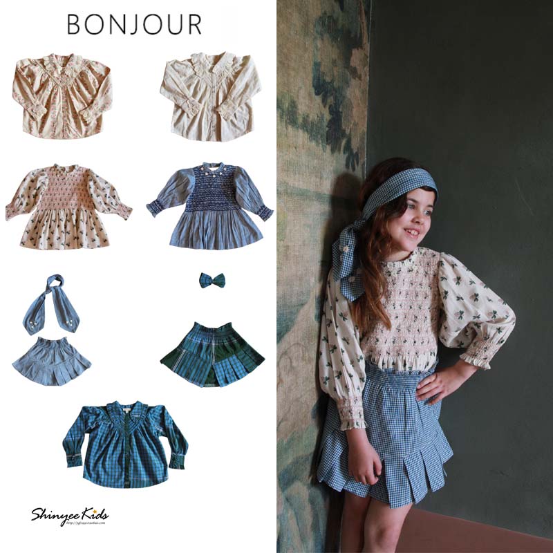 Shinyee▲bonjour aw24法式刺绣打揽衬衫碎花格子上衣 高腰半裙