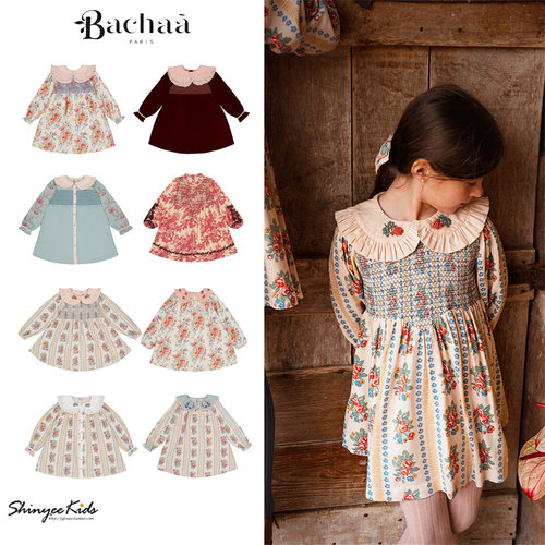 5ZShinyee▲bachaa aw25秋冬女童法式印花长袖连衣裙
