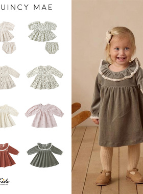 6ZShinyee▲quincy mae aw25秋冬儿童小清新印花连衣裙长袖丝绒裙