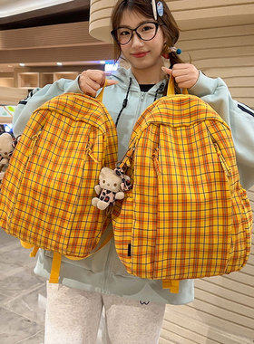黄色格纹书包女大学生小众设计感简约轻便双肩包韩系高中旅行背包
