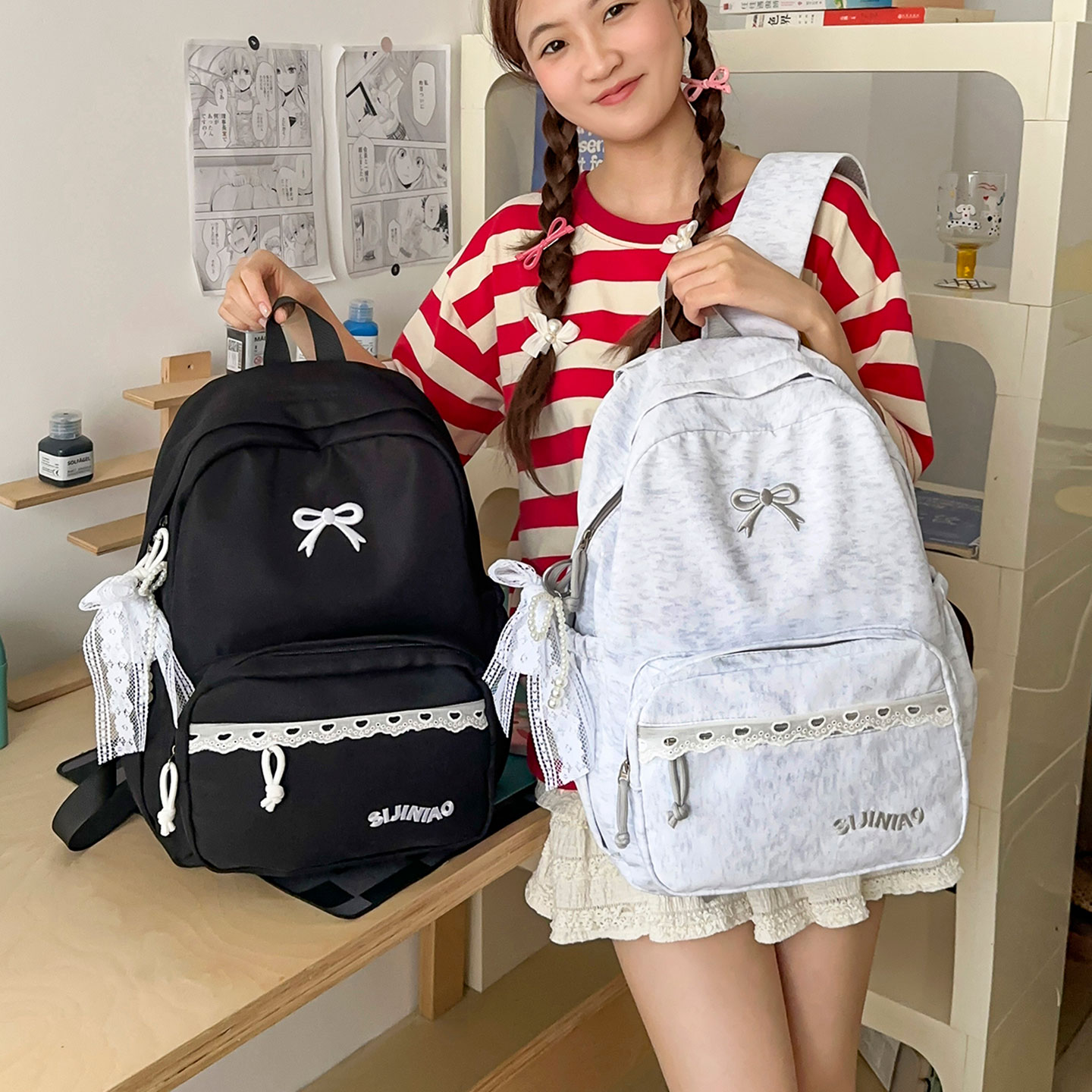 韩系甜美蝴蝶结书包女初中生简约