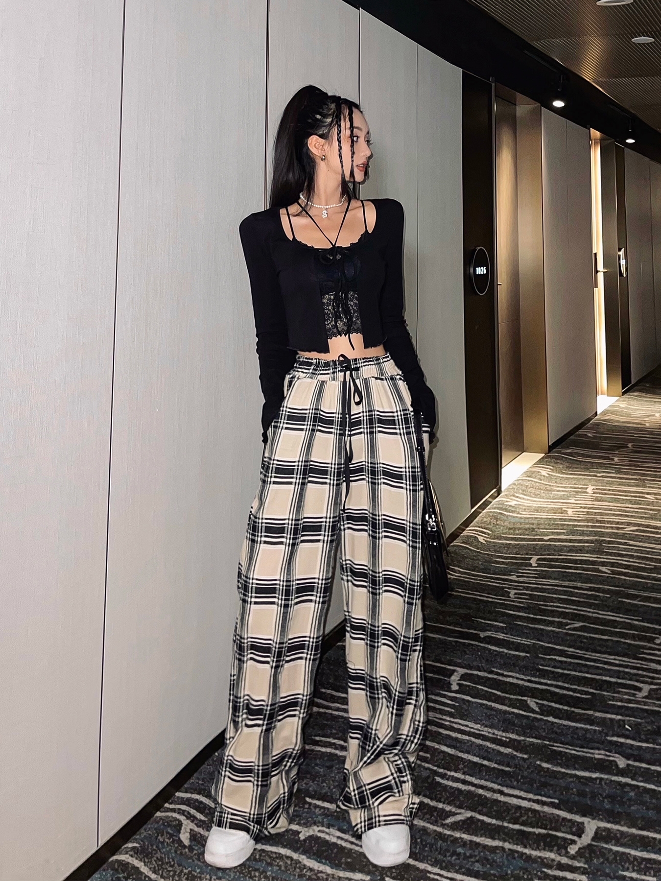 High waist down casual pants women's wide leg straight pants lattice loose and thin floor pants salt pants