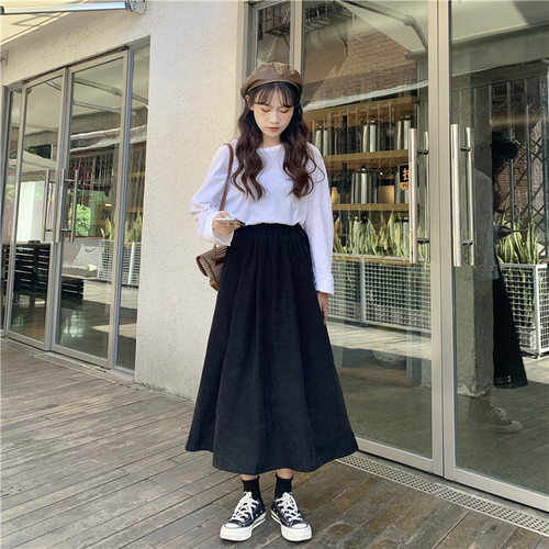 Hip covered skirt high waist mid length skirt autumn winter student long skirt slim A-line skirt