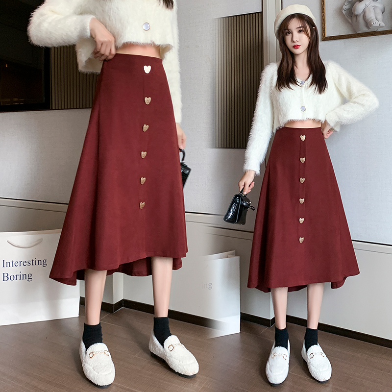 Real Korean single breasted Knee Skirt medium long skirt loose and thin high waist skirt