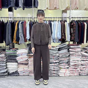 2026春新款百搭长袖圆领小衫时尚马甲阔腿裤休闲妈妈装女三件套裤