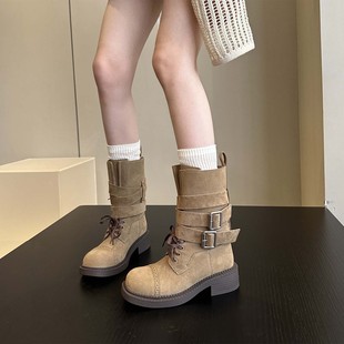 无奈太帅 牛货巴恩风真皮粗跟机车靴马丁靴女中筒短靴子 miu系新款