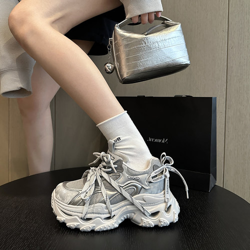 春季真皮绑带松糕厚底老爹鞋女