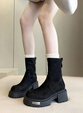 秀出你的美~厚底粗跟高跟短靴女绒面瘦瘦靴增高显瘦显脚小马丁靴