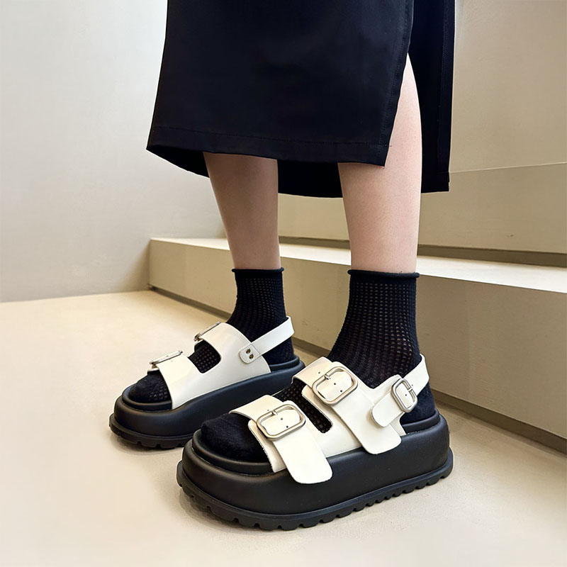 夏季潮帅气~韩货真皮软底厚底勃肯鞋凉鞋女鞋2025增高休闲罗马鞋