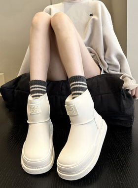 冬季我来啦+配裙子厚底白色真皮加绒加厚雪地靴女防水棉靴大棉鞋