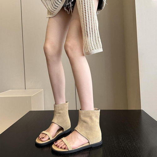 内增高真皮一字带露趾凉鞋女