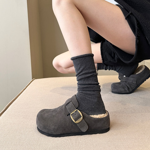 勃肯鞋 好穿通勤 高货牛皮冬季 加绒懒人厚底毛毛拖鞋 女棉拖 半拖鞋