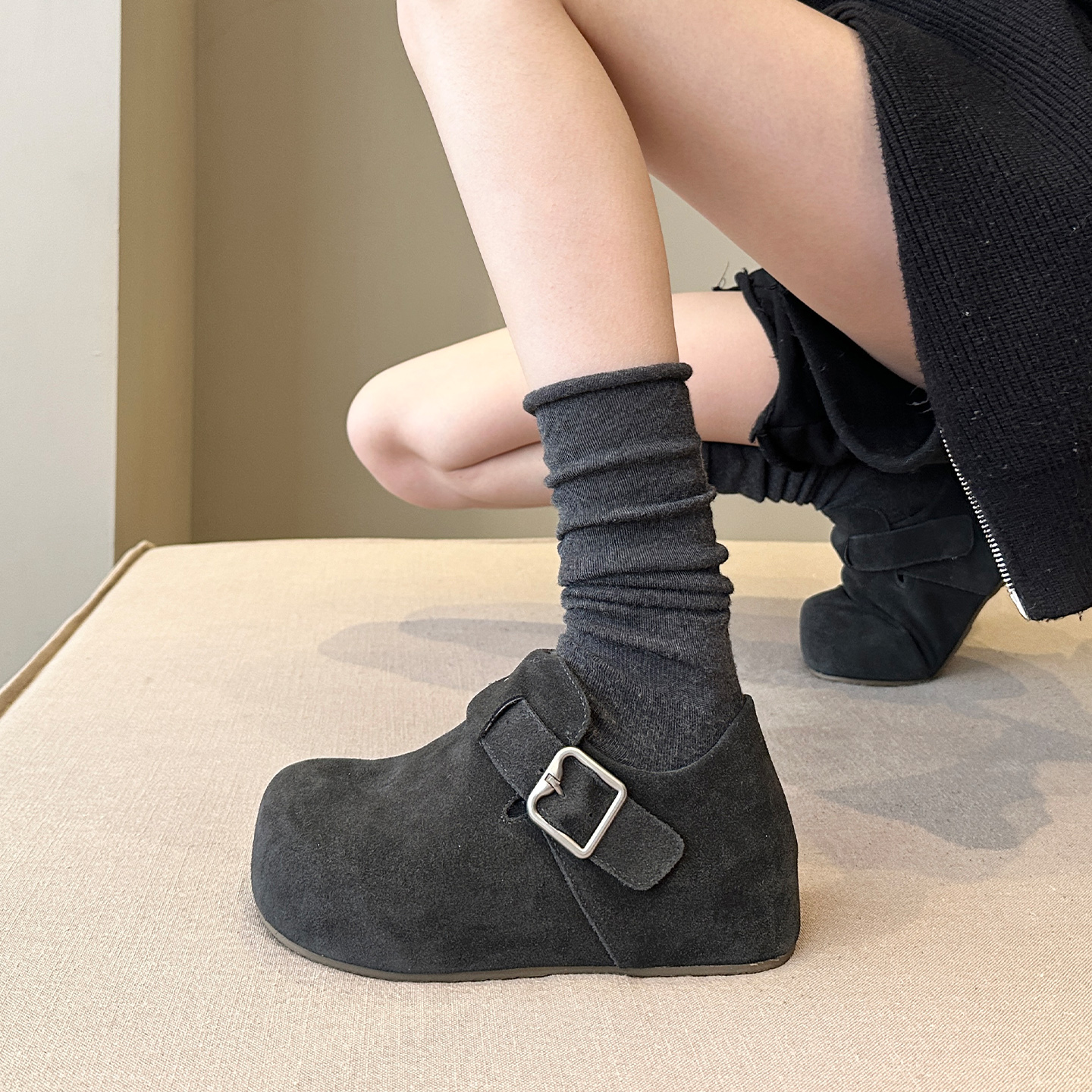 日系真皮增高厚底冬季毛毛加绒