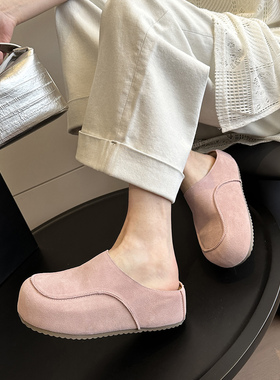 WSWS｜日系森女风头层牛皮一脚蹬厚底复古勃肯鞋半拖鞋包头凉拖鞋