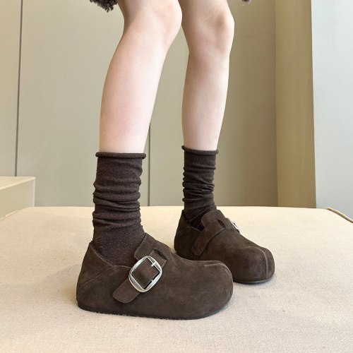 日系甜酷冬季牛皮加绒厚底勃肯鞋