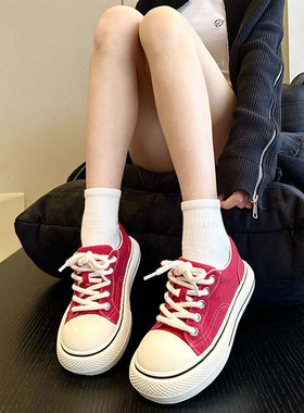 甜萌糕团+韩版娃娃头米奇大头可爱丑萌板鞋女小众ins潮红色帆布鞋